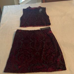 NWT Seduction Mock Tank & Mini Skirt Separates-Sheer Blk & Crushed Maroon Print